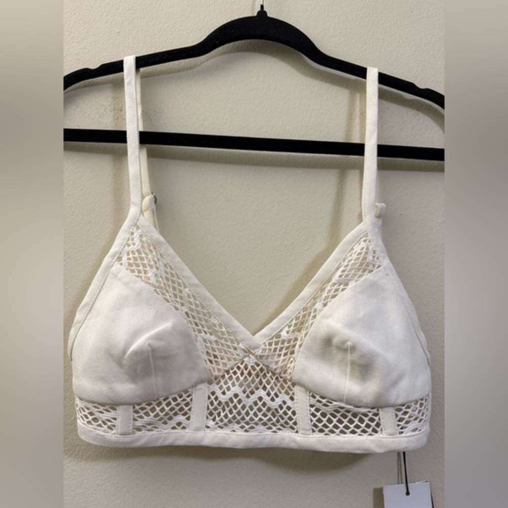 NWT PatBO Linen Blend Bralette Mesh Lined Crop Top in Cream and Tan - 0 - Picture 3 of 16